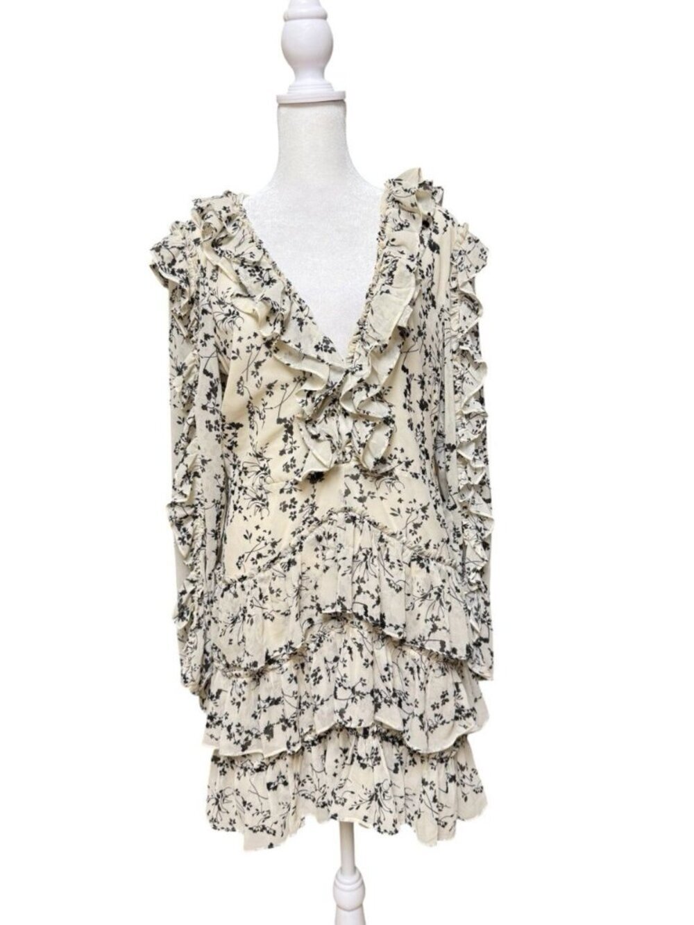 Bardot Floral Ruffle Mini Dress US 8 Cream Black Long Sleeve